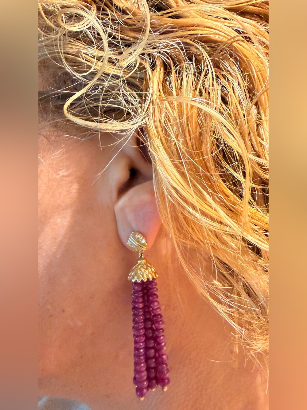 Ruby 22k Gold Earrings from India. Stunning Tassel Earrings - Women Jewelry - Picture 11 of 14